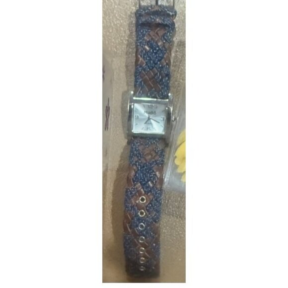 Mudd Womens Watch With Yellow Sunflower Case Blue & Brown Strap Quartz Movement